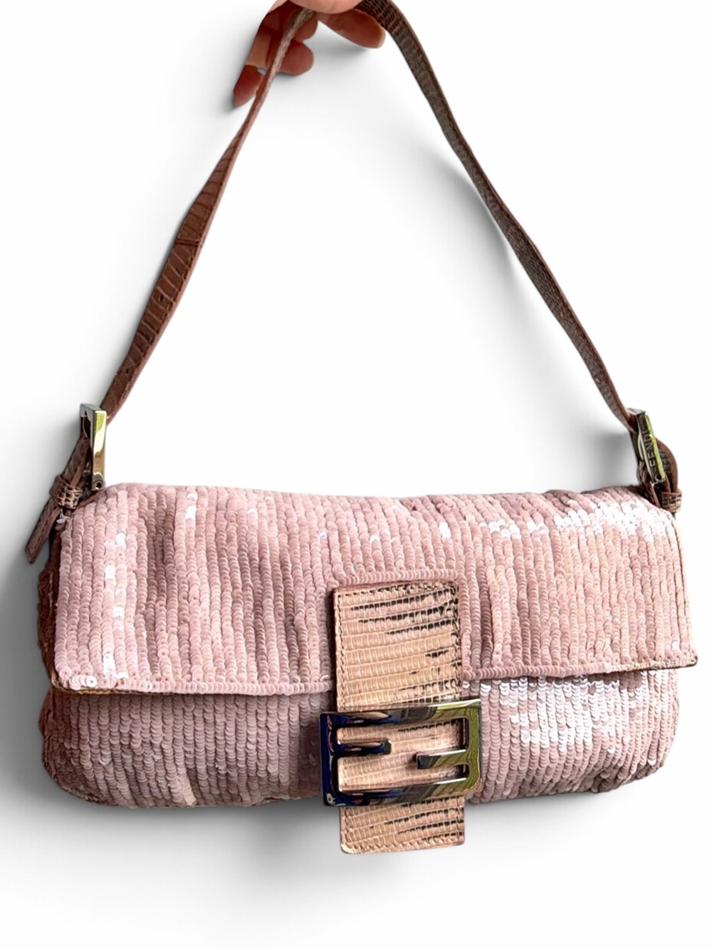Fendi Vintage Pink Sequin Baguette with Lizard Trim